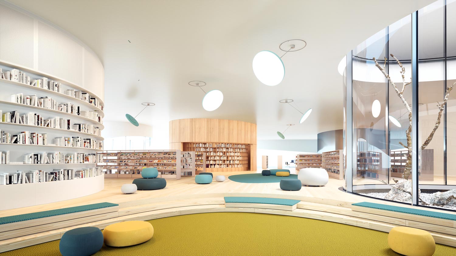 Sign Diva Dancer pendant luminaire as accent lighting in a school library