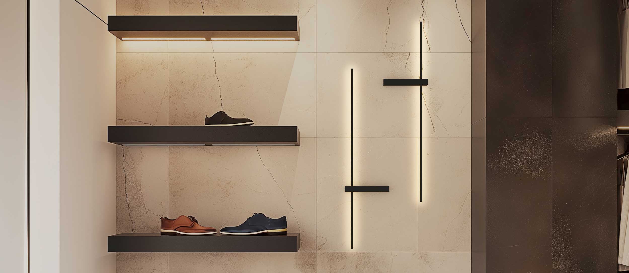 Just Black Lines – minimalist wall luminaire as an accent for a shoe rack