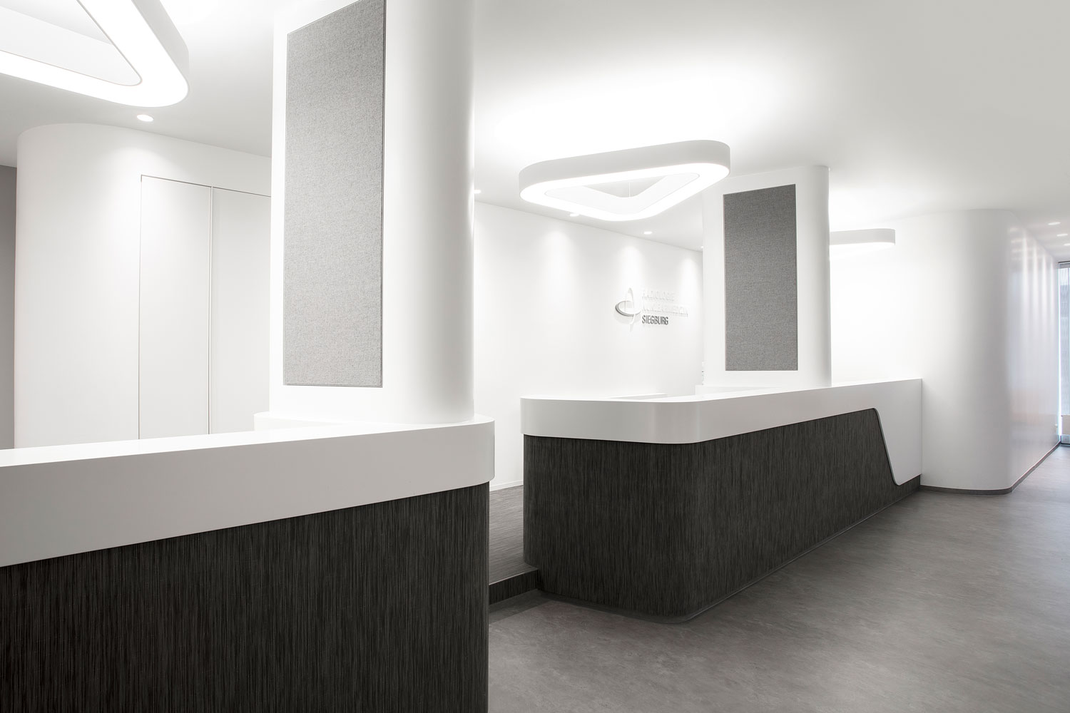 A striking triangular pendant light sets stylish accents and provides targeted illumination of the reception area.