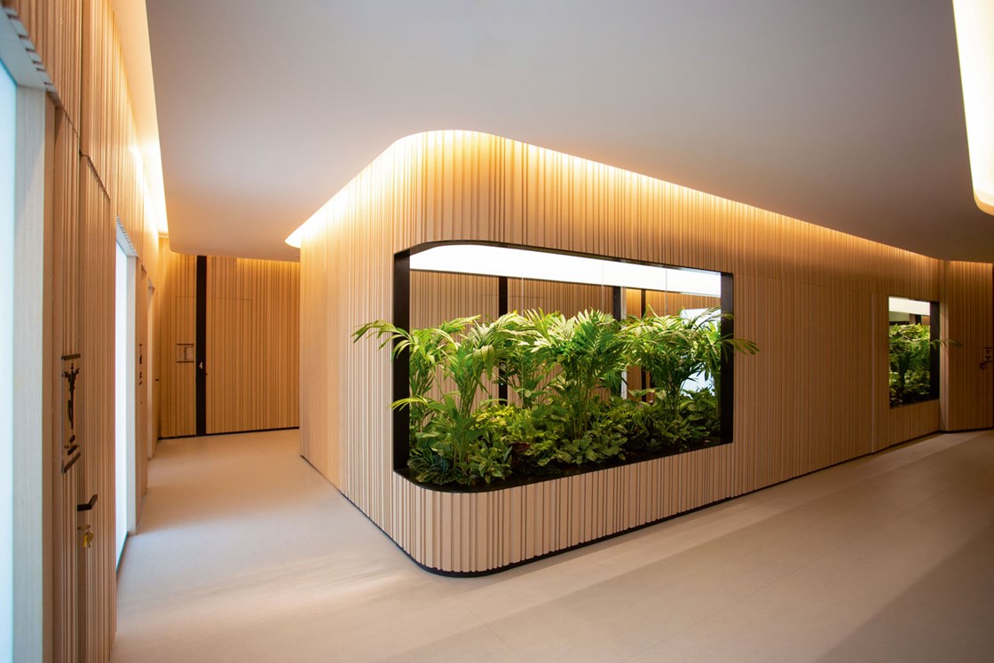 A well-thought-out lighting concept with soft, indirect light creates a calm and relaxing atmosphere in a modern wellness centre.